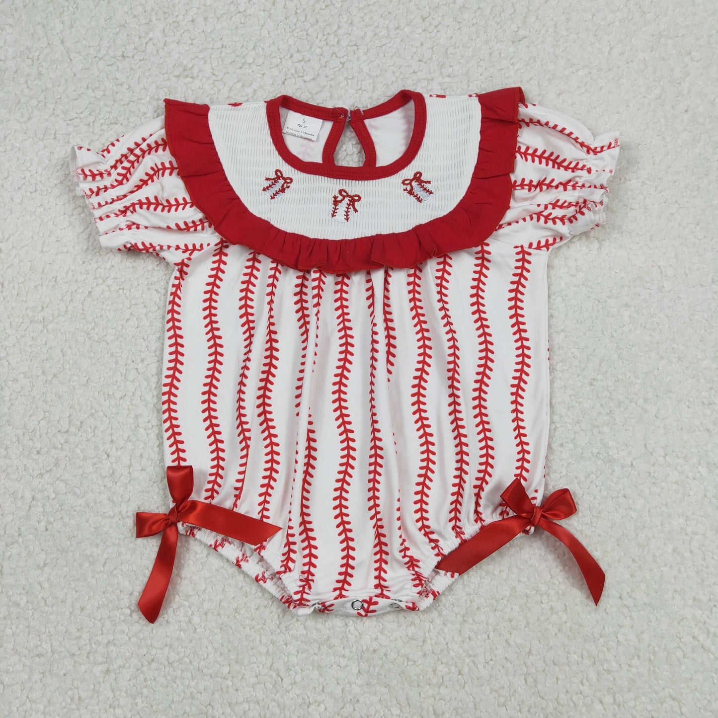 SR3345 Smocked Bows Baseballs Baby Girls Team Stripe Ruffle Rompers