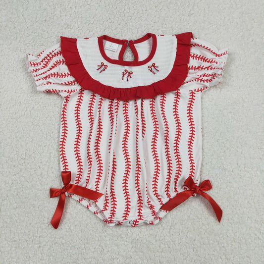 SR3345 Smocked Bows Baseballs Baby Girls Team Stripe Ruffle Rompers