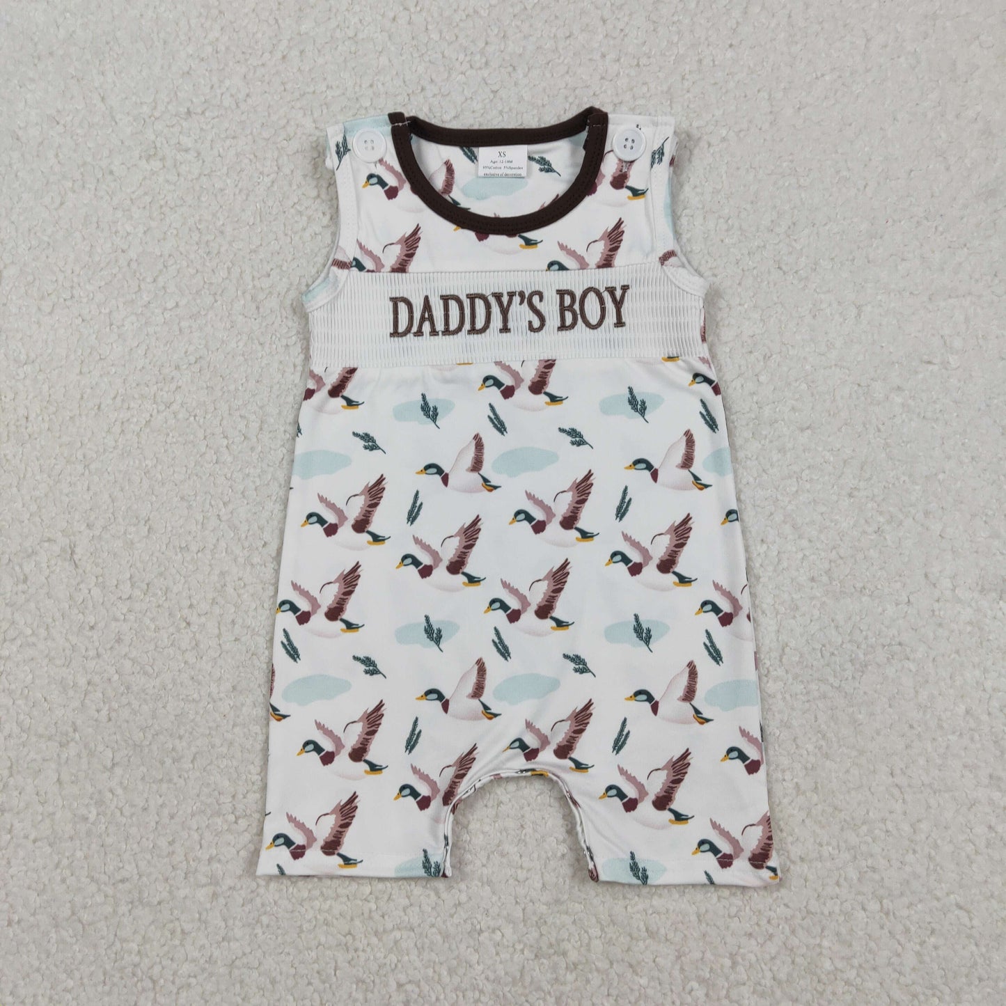 SR3347 Smocked Daddy's Boy Green Ducks Hunting Shorts Rompers