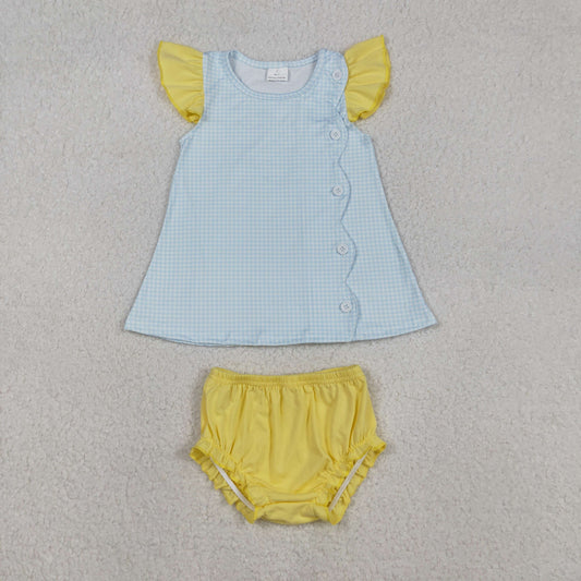 SR3364 Baby Girls Flutter Sleeve Blue Checked Button Tunic Bummies Clothes Sets
