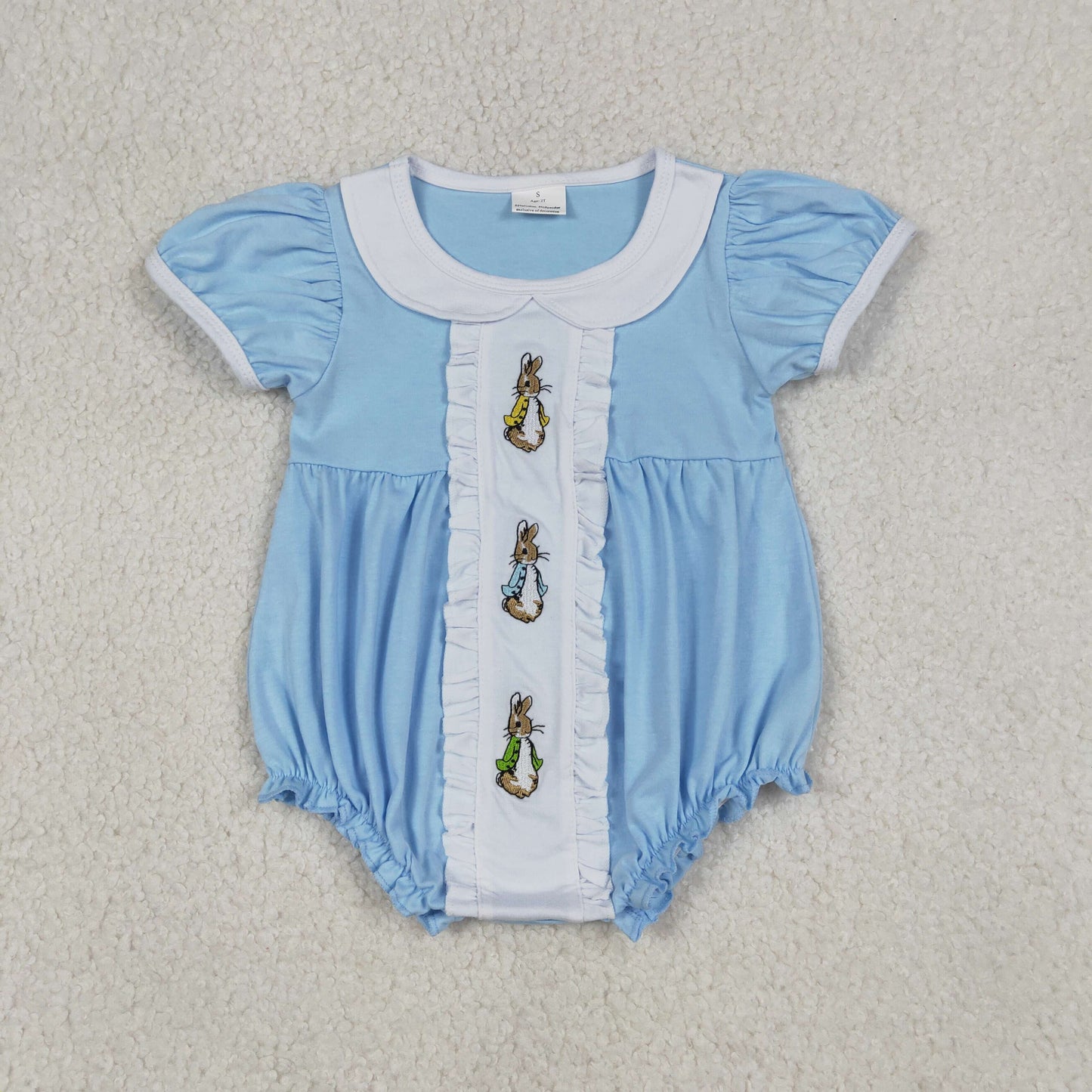 SR3382 Baby Girls Short Sleeve Collar Embroidery Rabbits Easter Ruffle Rompers