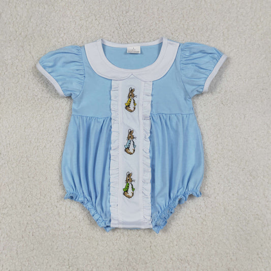SR3382 Baby Girls Short Sleeve Collar Embroidery Rabbits Easter Ruffle Rompers