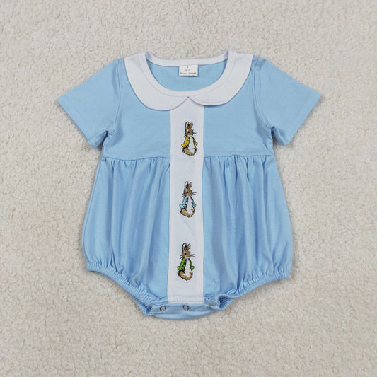 SR3383 Baby Boys Short Sleeve Collar Embroidery Rabbits Easter Rompers