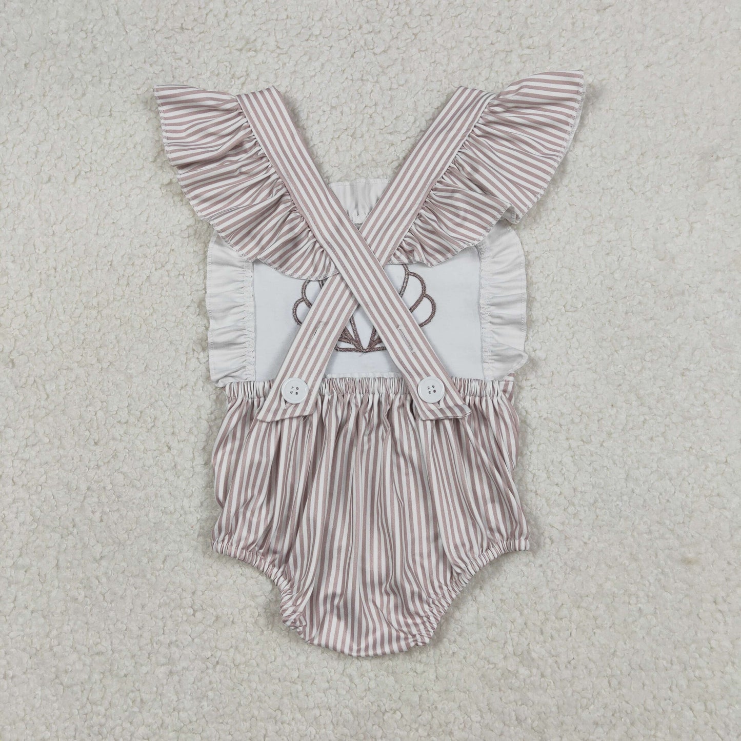SR3396 Baby Boys Flutter Sleeve Embroidery Stripe Shells Ruffle Rompers