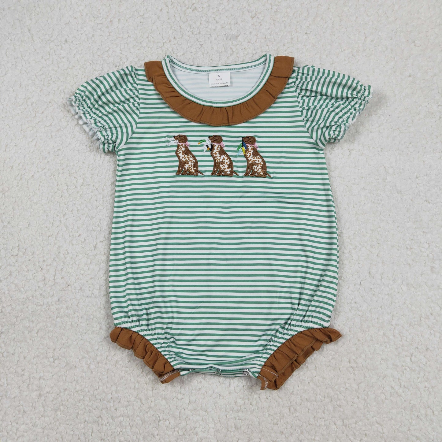 SR3404 Baby Girls Short Sleeve Green Stripe Embroidery Dog Ducks Hunting Ruffle Rompers