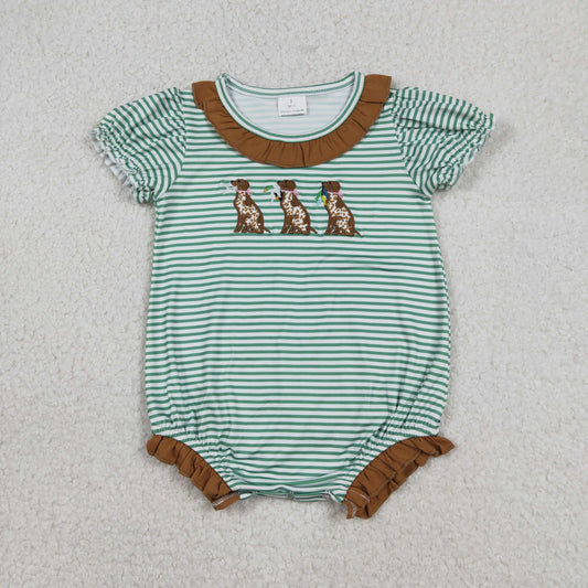 SR3404 Baby Girls Short Sleeve Green Stripe Embroidery Dog Ducks Hunting Ruffle Rompers