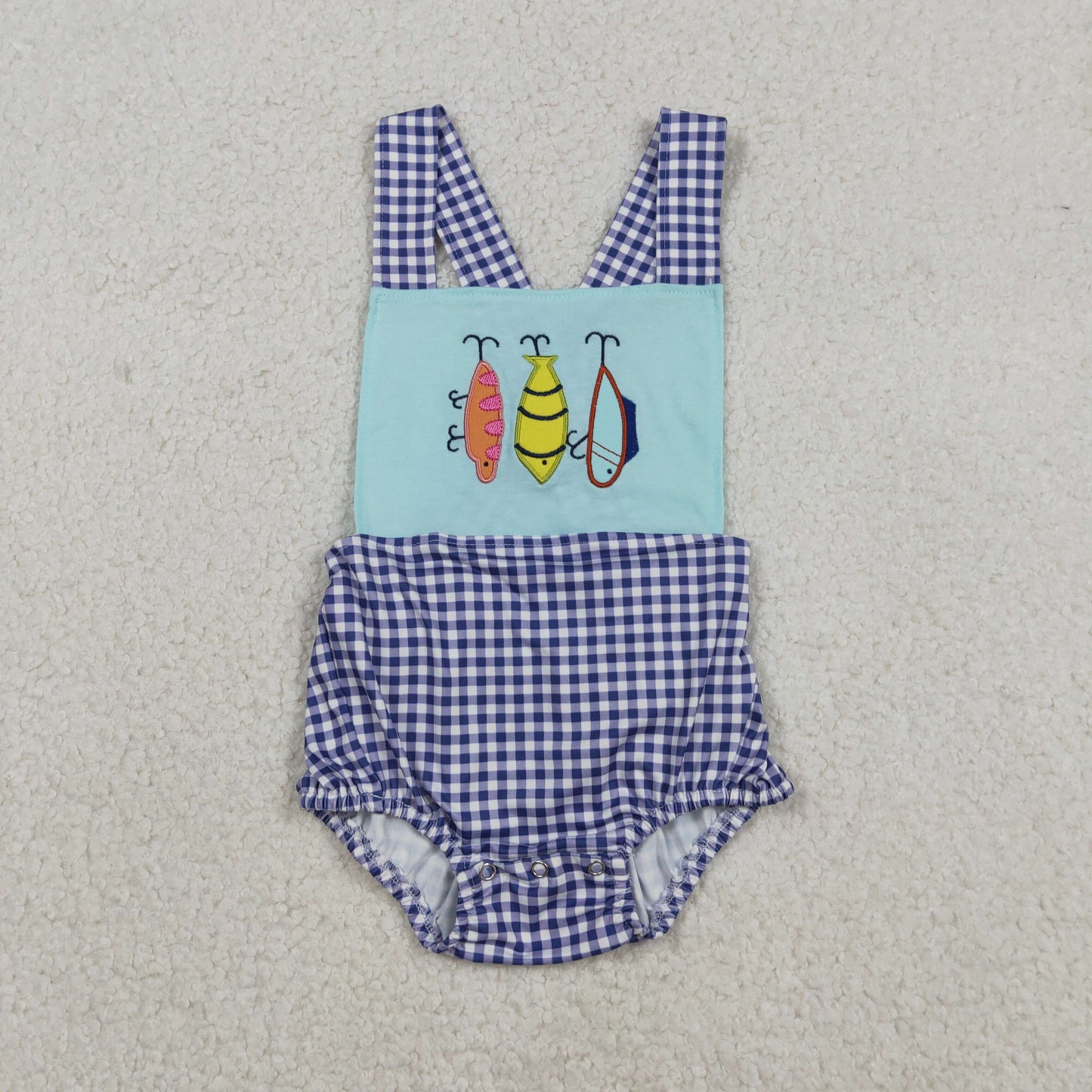 Sibling Baby Kids Embroidery Fishing Top Checked Shorts Hunting Clothes Set Strap Rompers