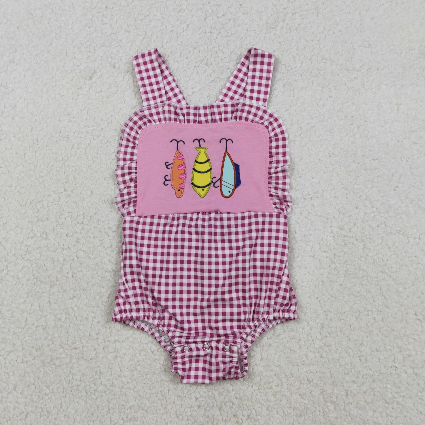 SR3414 Baby Girls Pink Checked Strap Embroidery Fishing Hunting Ruffle Rompers