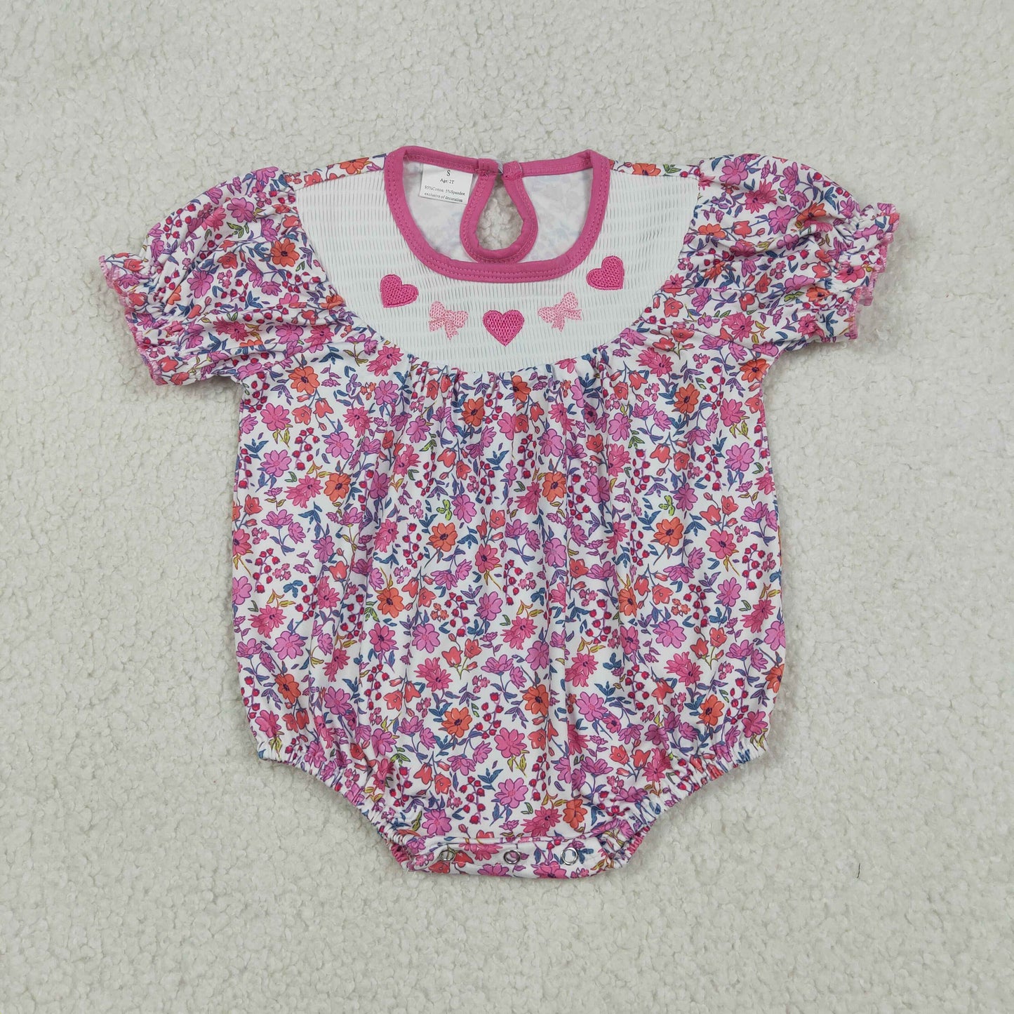 SR3465 Smocked Bows Hearts Baby Girls Flowers Valentines Ruffle Rompers