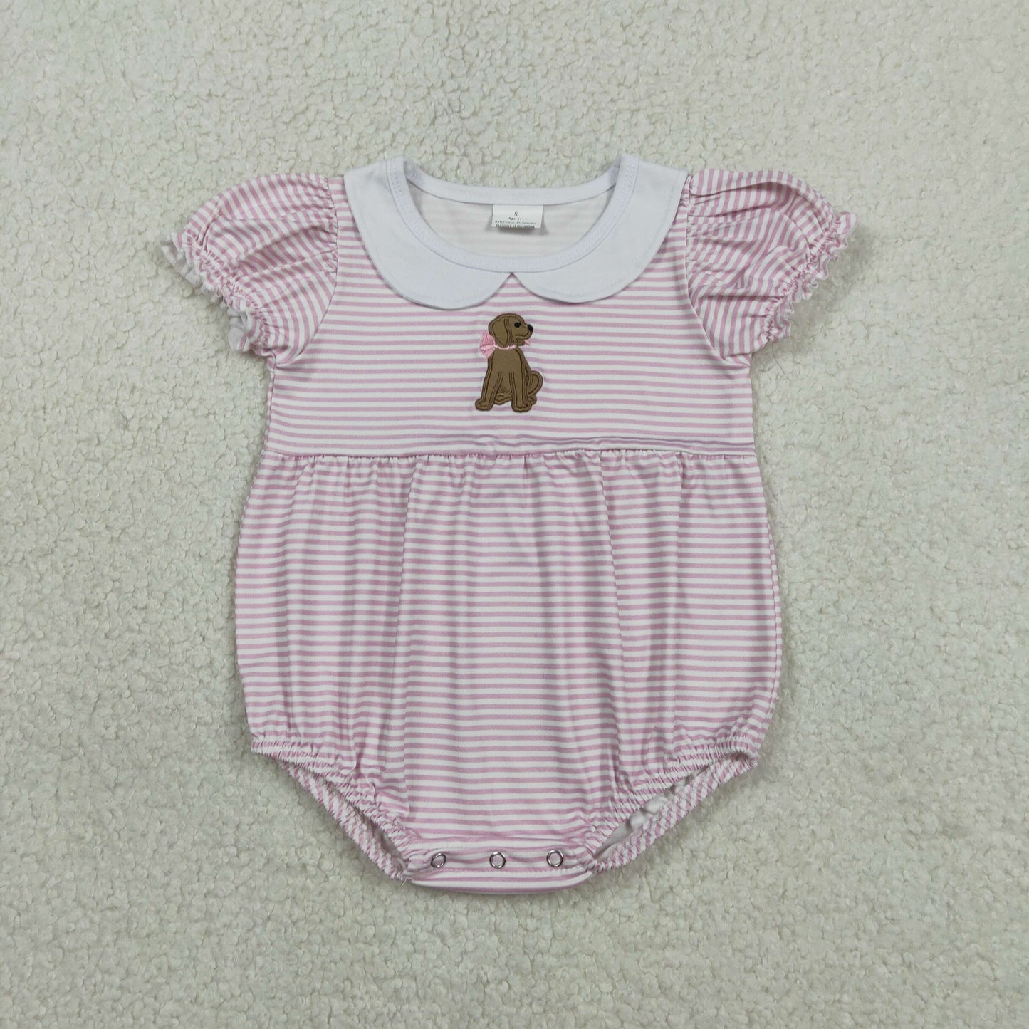 SR3476 Baby Girls Short Sleeve Pink Stripe Embroidery Bow Dogs Collar Ruffle Rompers
