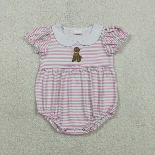 SR3476 Baby Girls Short Sleeve Pink Stripe Embroidery Bow Dogs Collar Ruffle Rompers