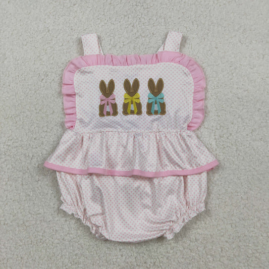 SR3477 Baby Girls Strap Pink Polka Dots Embroidery Bow Rabbits Easter Ruffle Rompers