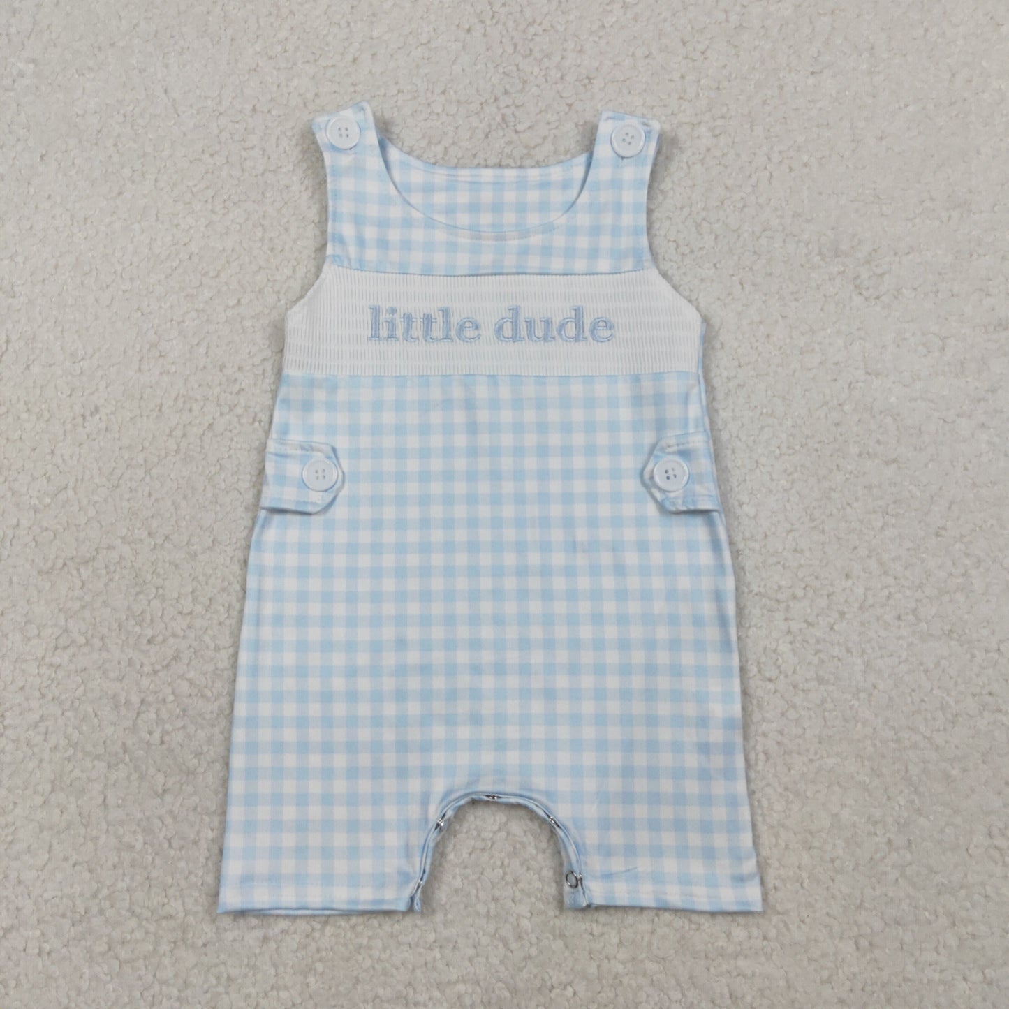 SR3482 Smocked Little Dude Baby Boys Light Blue Checked Shorts Rompers