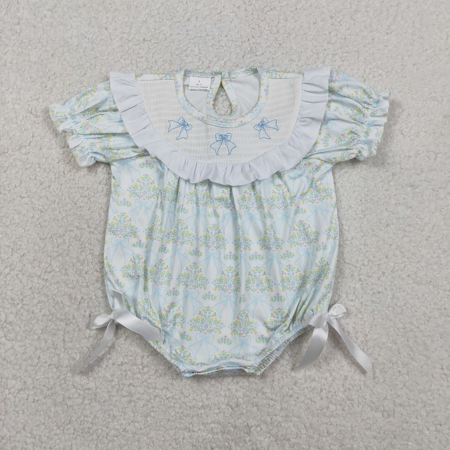 SR3487 Smocked Bows Baby Girls Flowers Bows Checked Ruffle Rompers