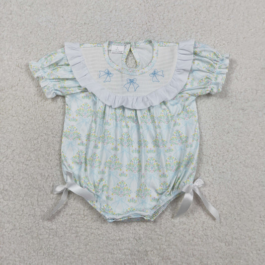 SR3487 Smocked Bows Baby Girls Flowers Bows Checked Ruffle Rompers