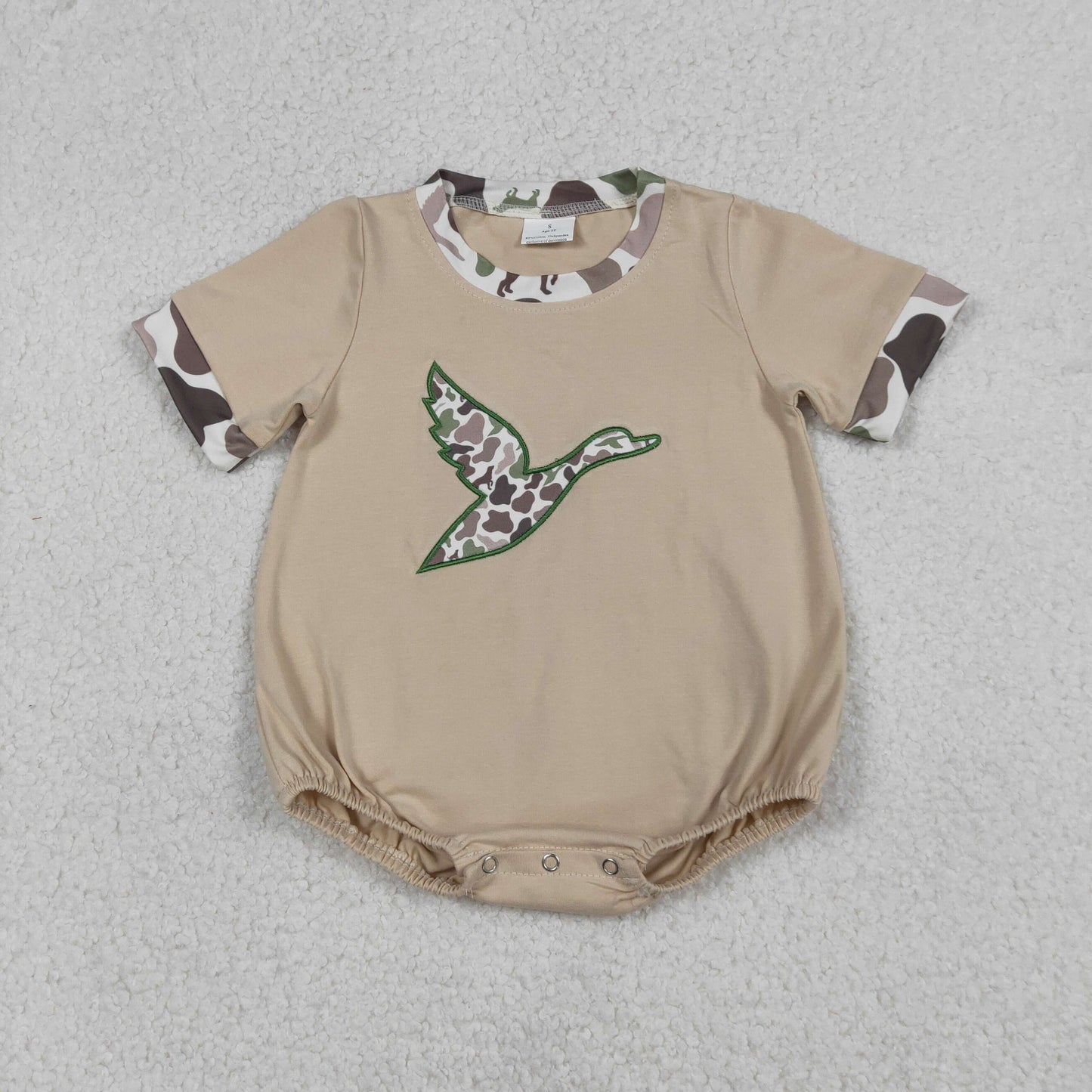 SR3491 Baby Boys Short Sleeve Embroidery Camo Ducks Hunting Rompers