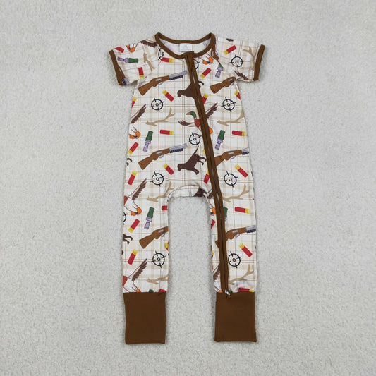 SR3497 Baby Boys Dogs Ducks Checked Hunting Two Way Zip Convertible Rompers