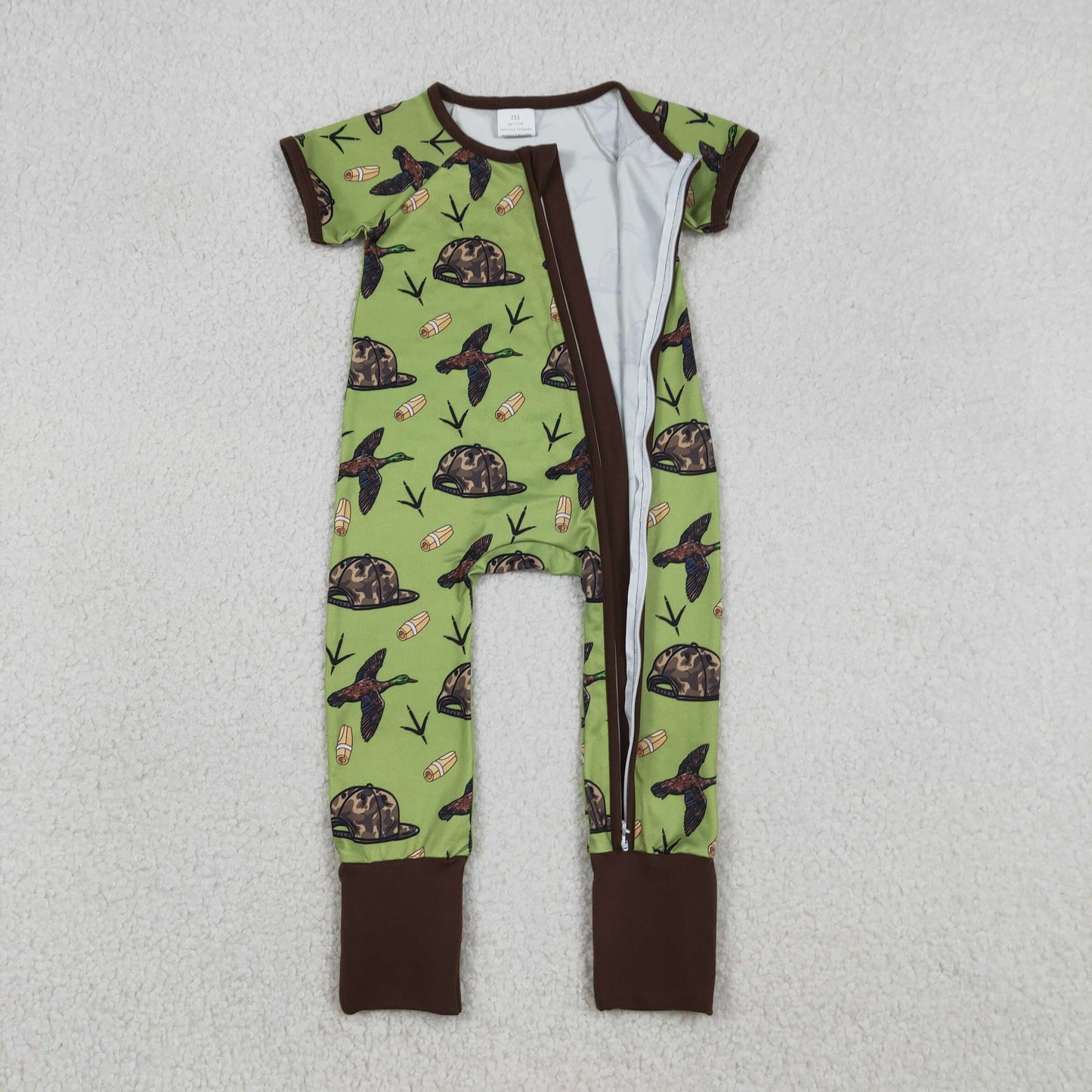 SR3499 Baby Boys Camo Hat Duck Calls Hunting Two Way Zip Convertible Rompers