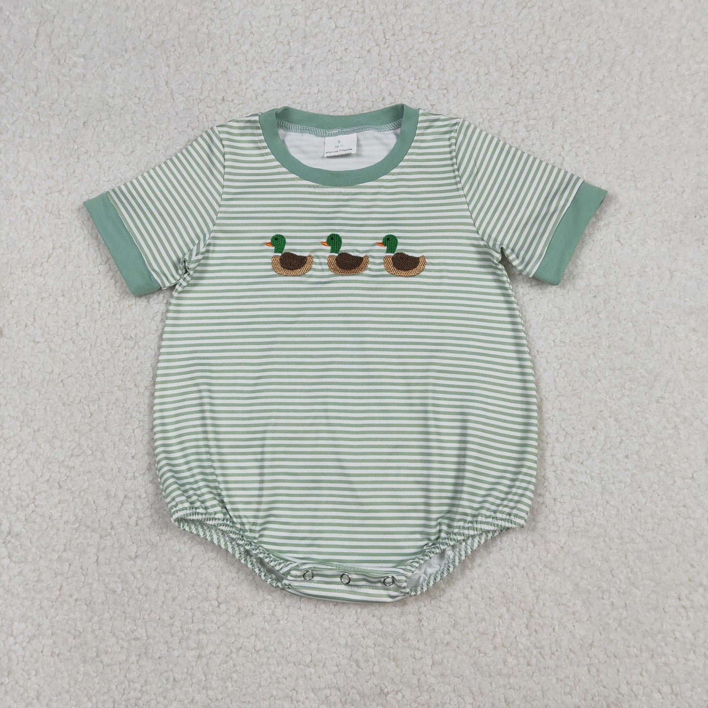SR3531 Baby Boys Short Sleeve Green Stripe Embroidery Ducks Hunting Rompers