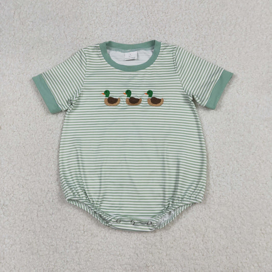 SR3531 Baby Boys Short Sleeve Green Stripe Embroidery Ducks Hunting Rompers