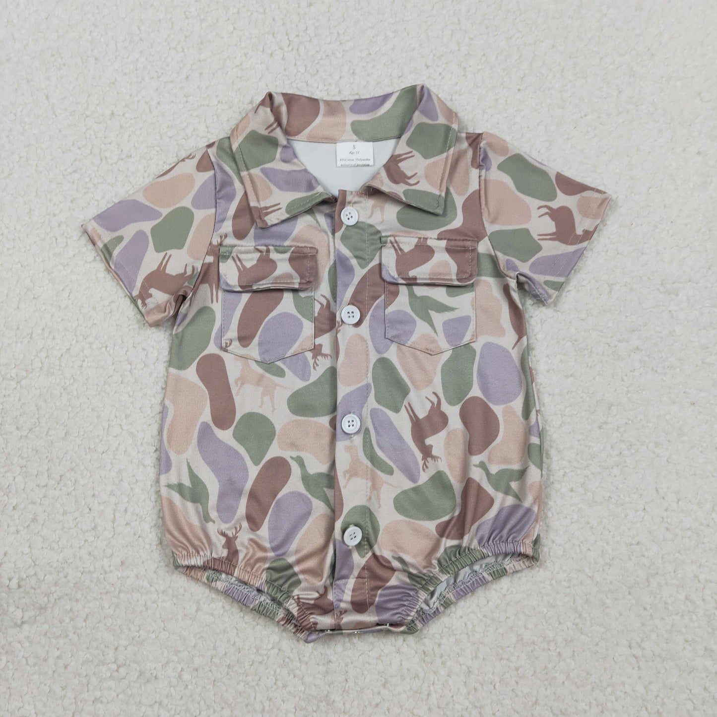 SR3544 Baby Boys Short Sleeve Deer Dog Ducks Camo Hunting Button Pockets Rompers