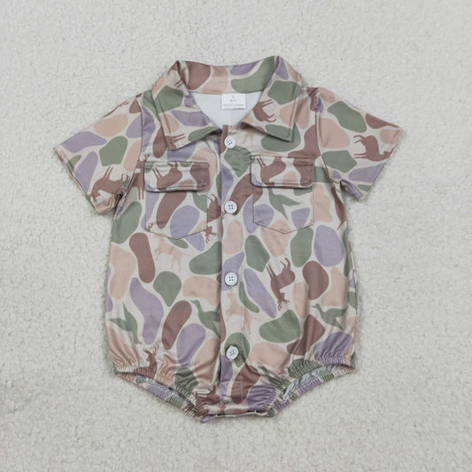 SR3544 Baby Boys Short Sleeve Deer Dog Ducks Camo Hunting Button Pockets Rompers