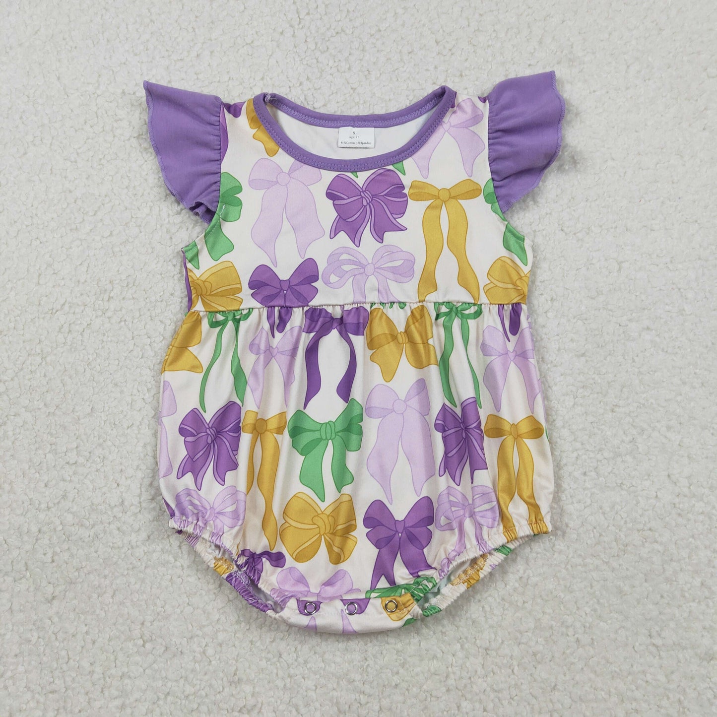 SR3546 Baby Girls Flutter Sleeve Mardigras Bows Ruffle Rompers