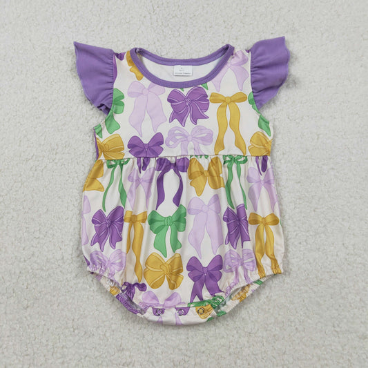 SR3546 Baby Girls Flutter Sleeve Mardigras Bows Ruffle Rompers