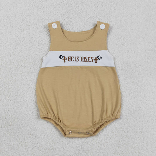 SR3547 Baby Boys Sleeveless Embroidery He is Risen Romper