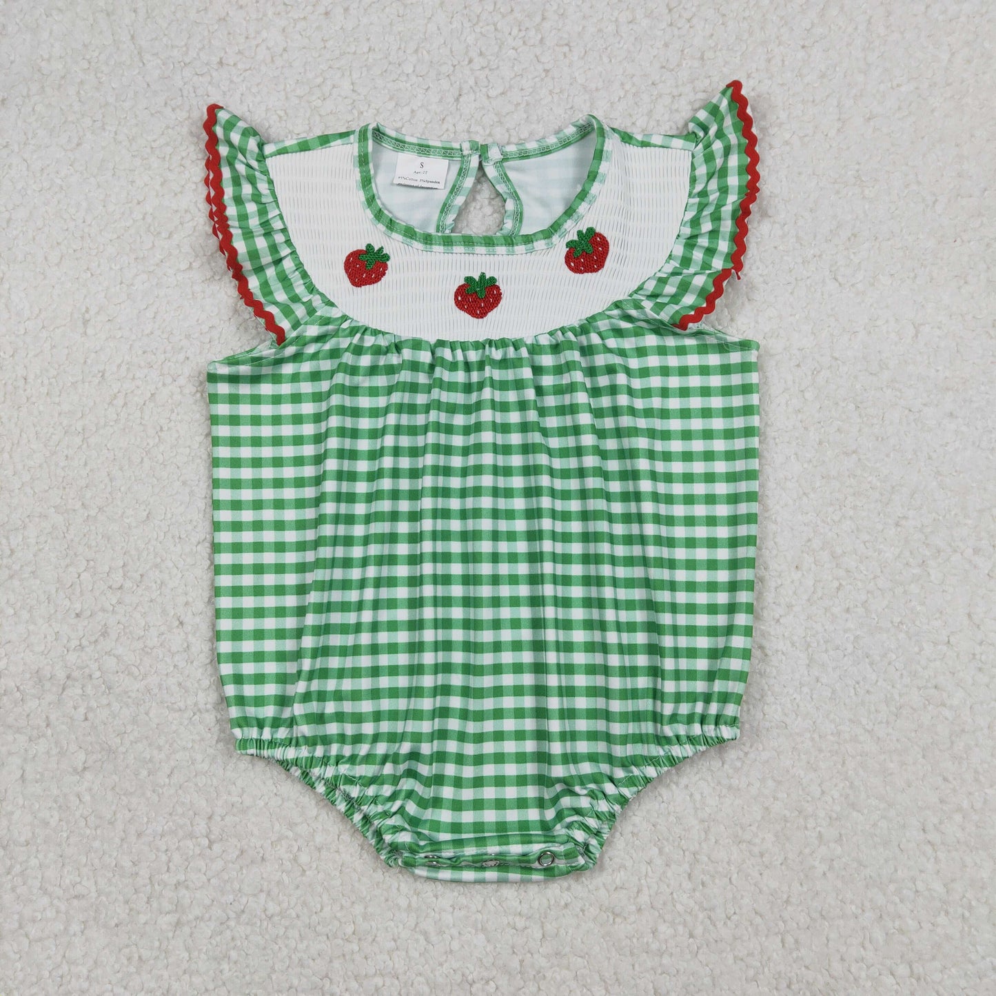 SR3550 Smocked Strawberry Baby Girls Green Checked Ruffle Rompers