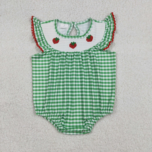 SR3550 Smocked Strawberry Baby Girls Green Checked Ruffle Rompers