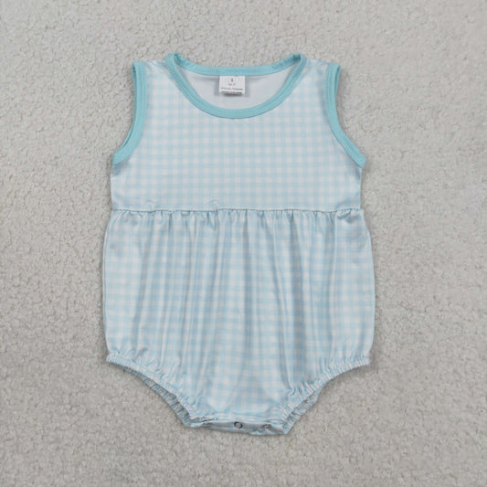 SR3554 Baby Boys Sleeveless Blue Checked Rompers
