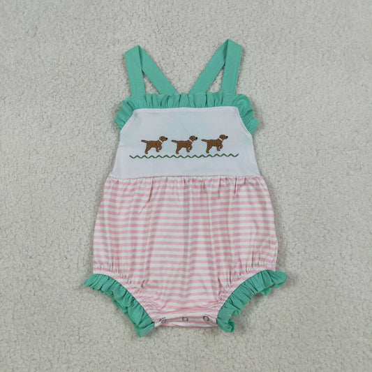 SR3558 Baby Girls Strap Pink Stripe Embroidery Dogs Hunting Ruffle Rompers