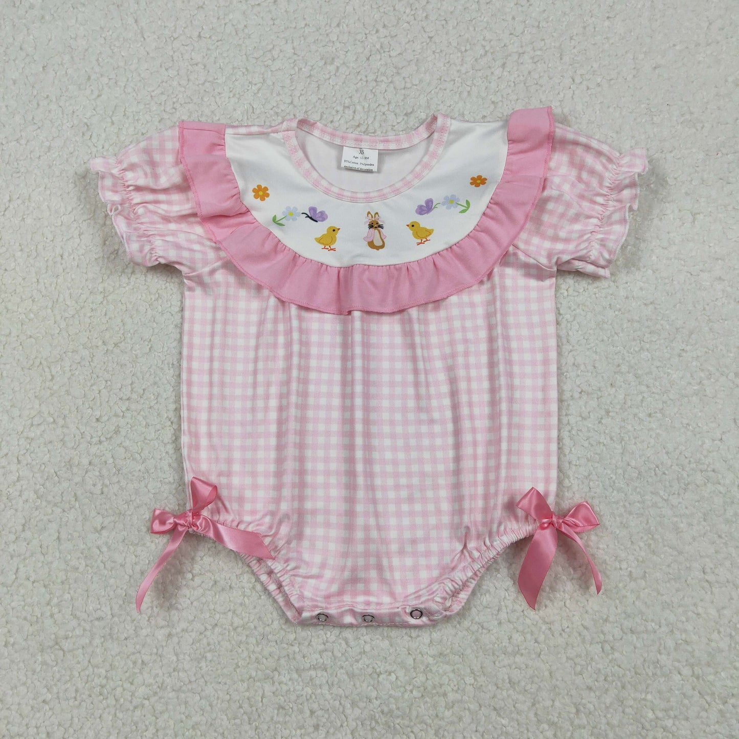 SR3565 Baby Girls Short Sleeve Pink Checked Rabbit Flowers Easter Ruffle Rompers