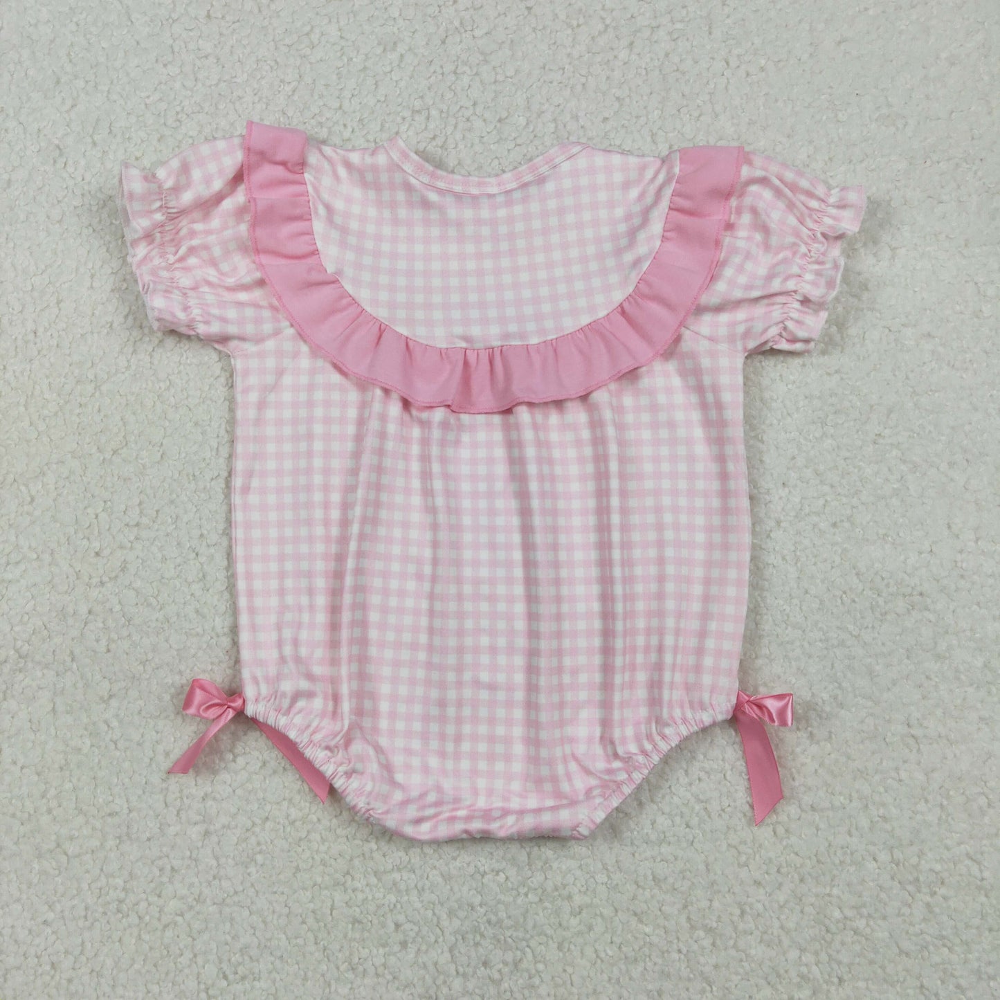 SR3565 Baby Girls Short Sleeve Pink Checked Rabbit Flowers Easter Ruffle Rompers