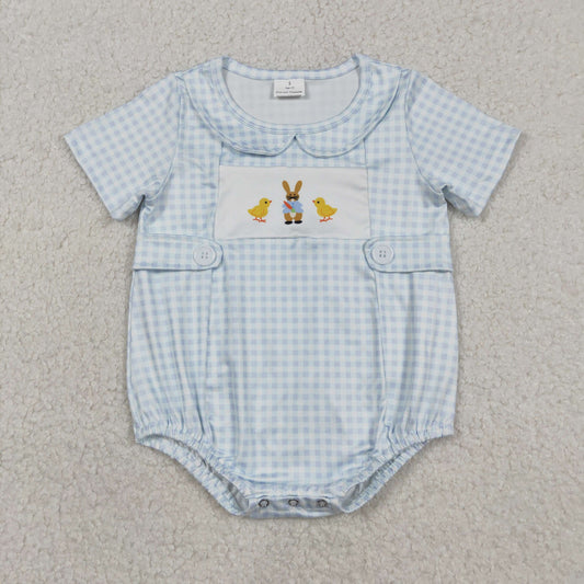 SR3566 Baby Boys Short Sleeve Blue Checked Rabbit Chicks Easter Rompers