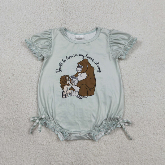 SR3589 Baby Girls Cartoon Monkey Short Ruffle Sleeve Rompers