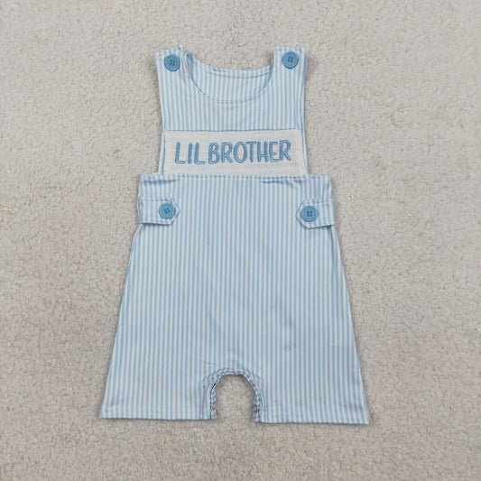 SR3592 Smocked Little Brother Baby Boys Blue Stripe Shorts Rompers