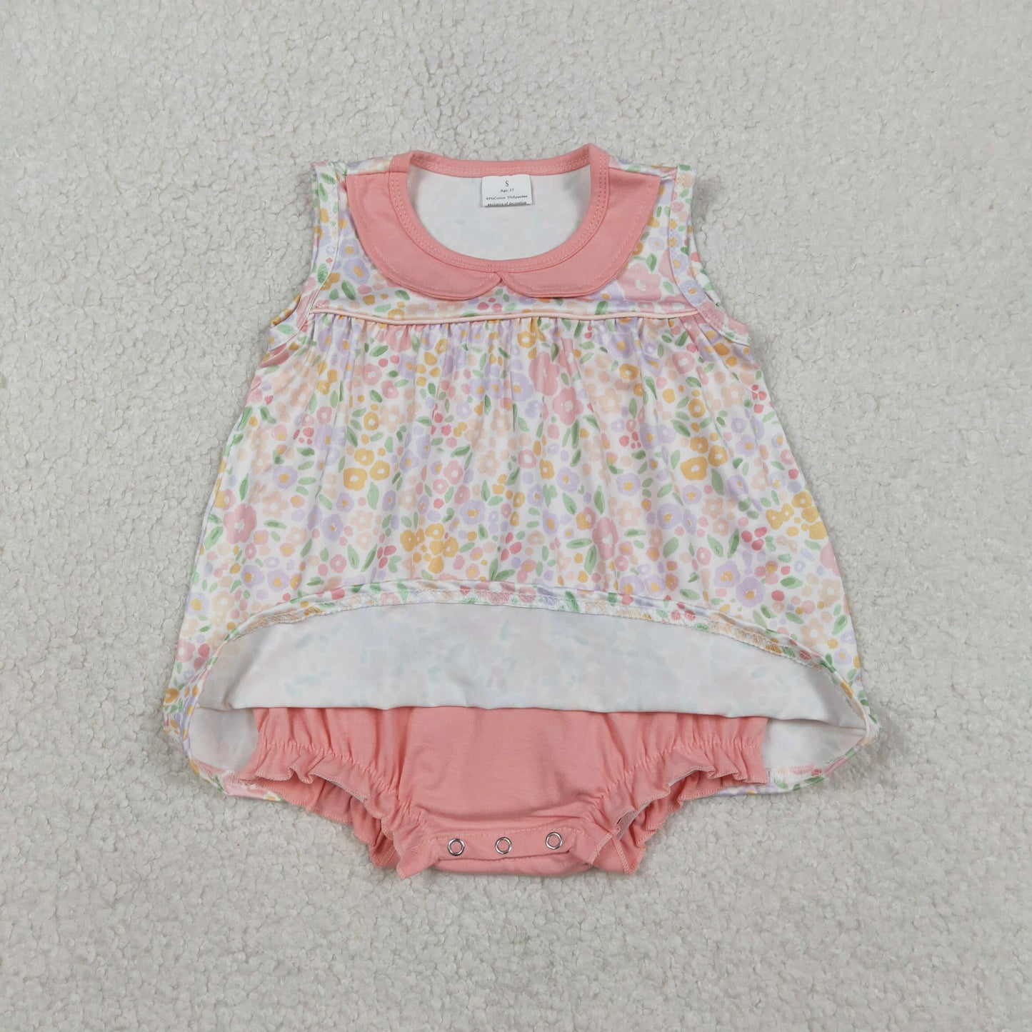 SR3628 Baby Girls Sleeveless Collar Peach Flowers Tunic Bummies Ruffle Rompers