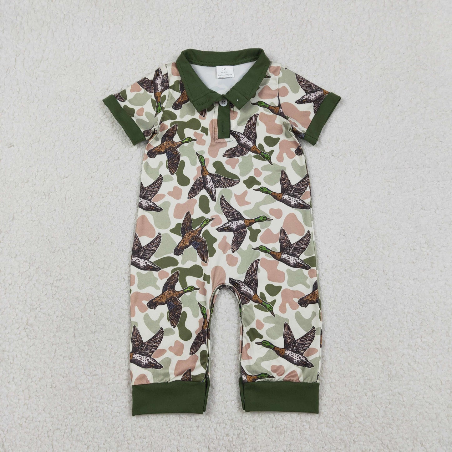 SR3634 Baby Boys Short Sleeve Southern Camo Ducks Button Hunting Rompers