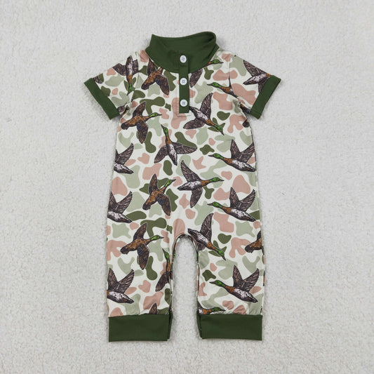 SR3634 Baby Boys Short Sleeve Southern Camo Ducks Button Hunting Rompers