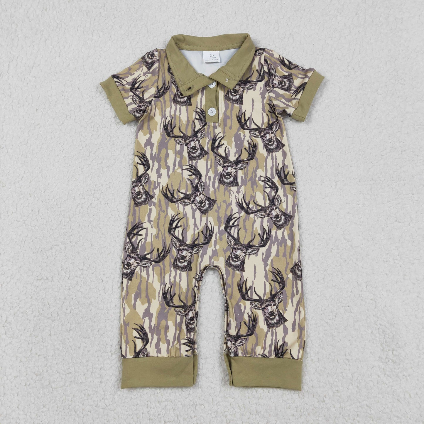 SR3635 Baby Boys Short Sleeve Southern Camo Deer Button Hunting Rompers