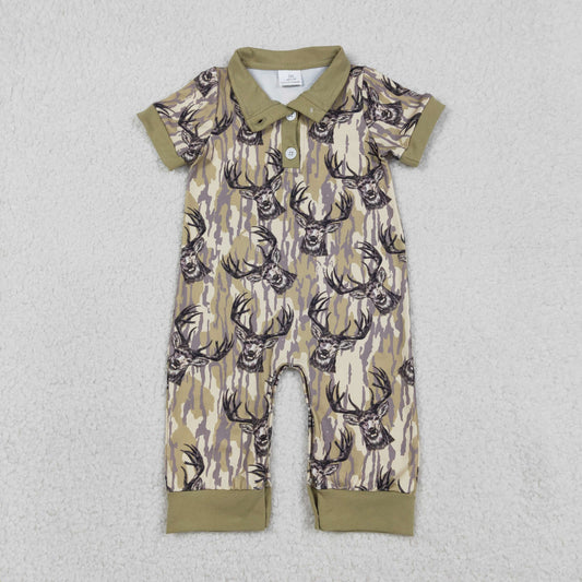 SR3635 Baby Boys Short Sleeve Southern Camo Deer Button Hunting Rompers