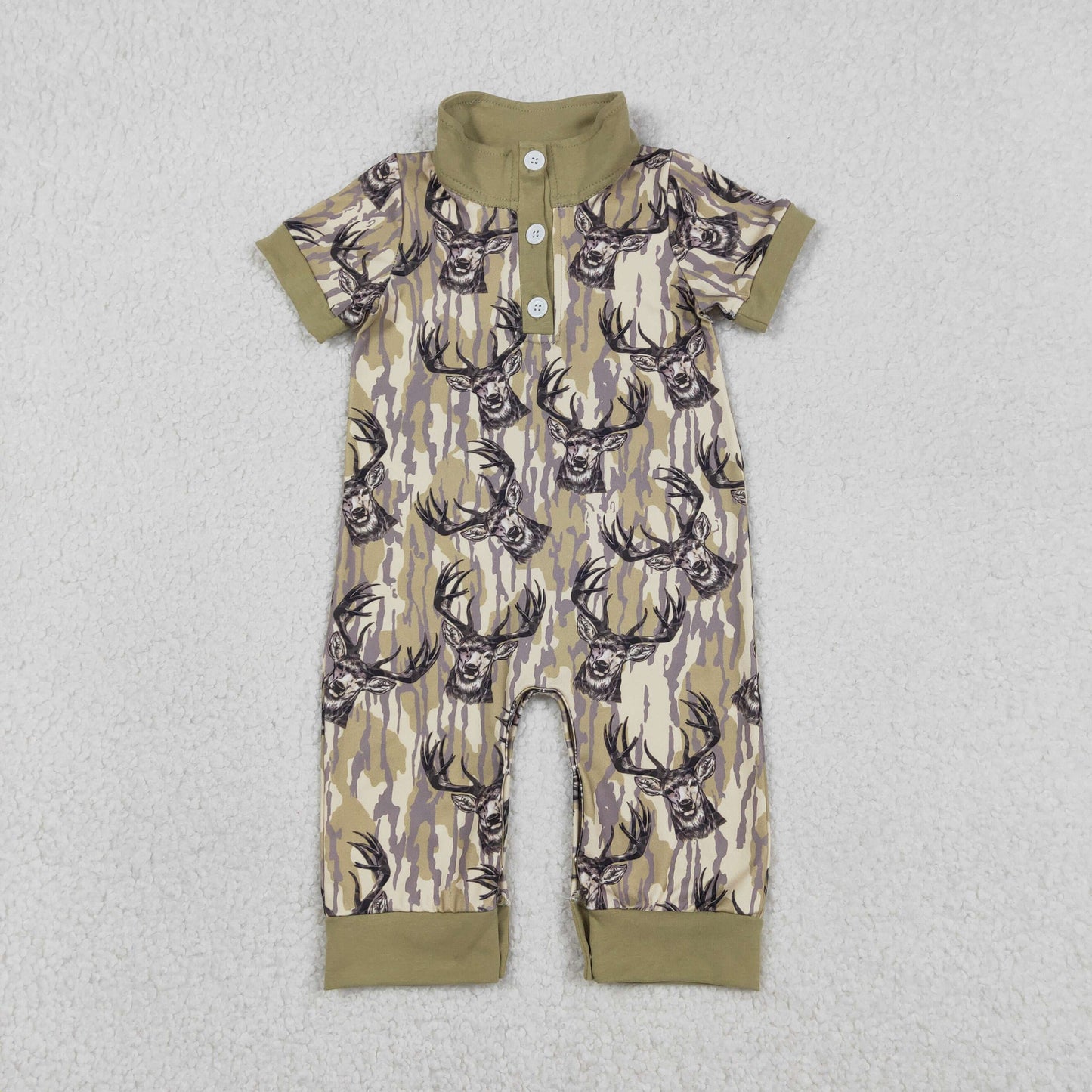 SR3635 Baby Boys Short Sleeve Southern Camo Deer Button Hunting Rompers