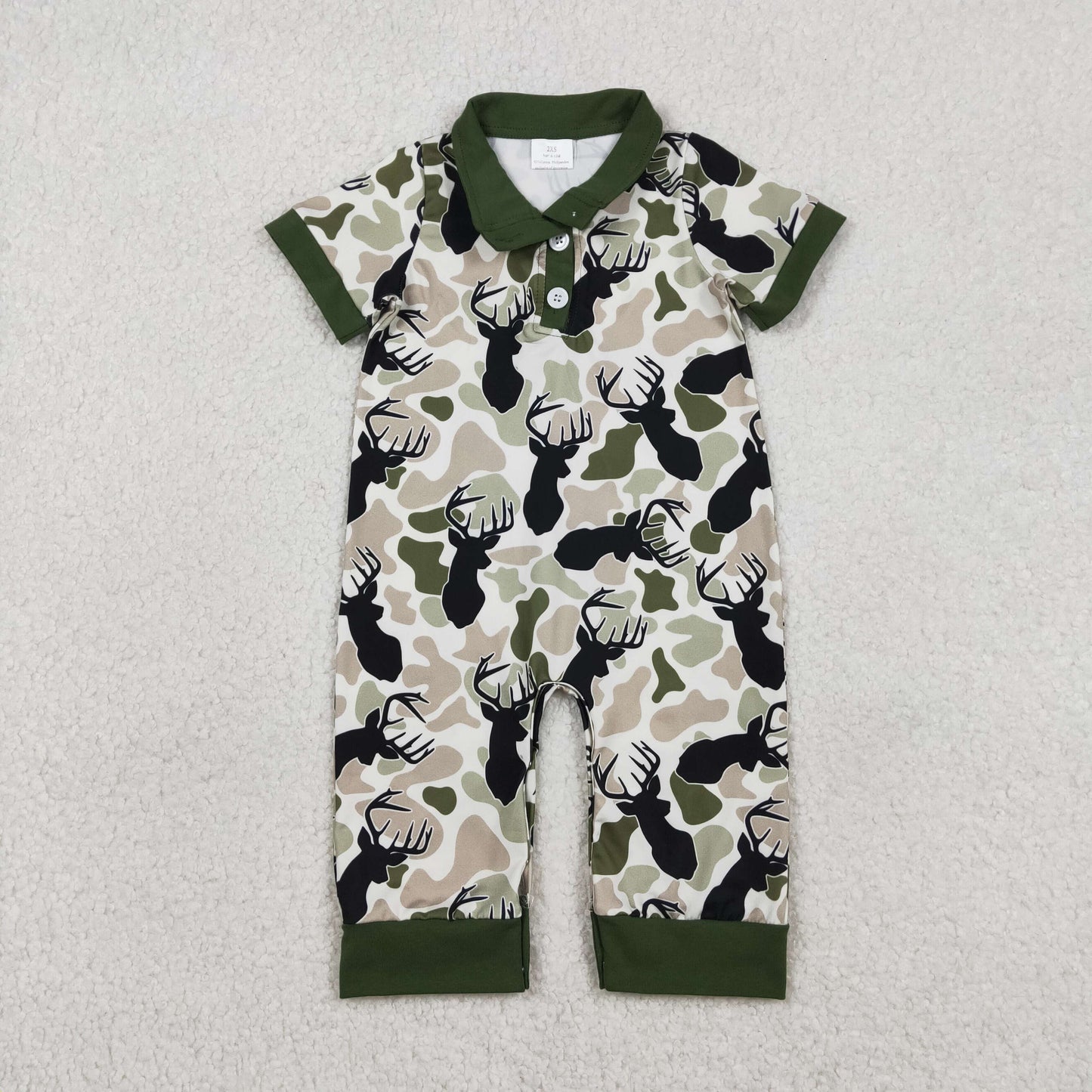 SR3636 Baby Boys Short Sleeve Southern Camo Deer Button Hunting Rompers