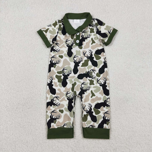 SR3636 Baby Boys Short Sleeve Southern Camo Deer Button Hunting Rompers