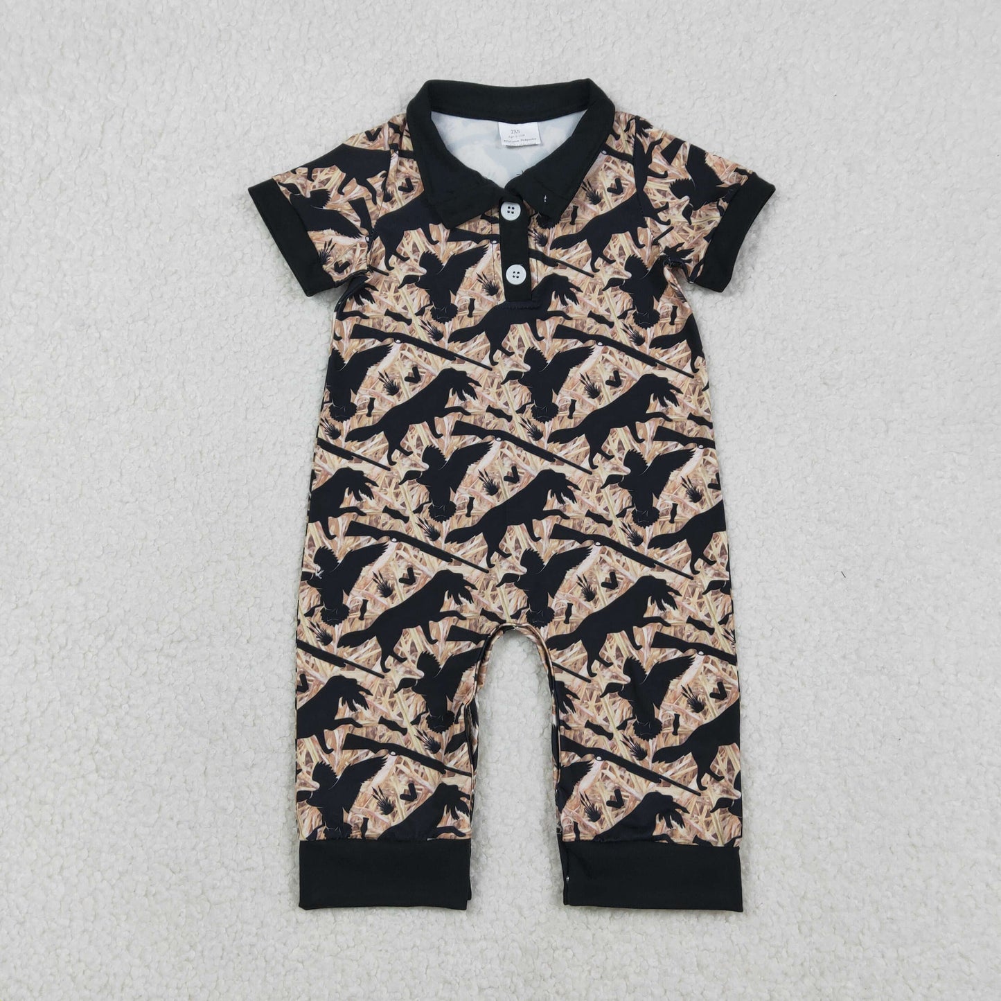 SR3637 Baby Boys Short Sleeve Southern Camo Dog Ducks Button Hunting Rompers