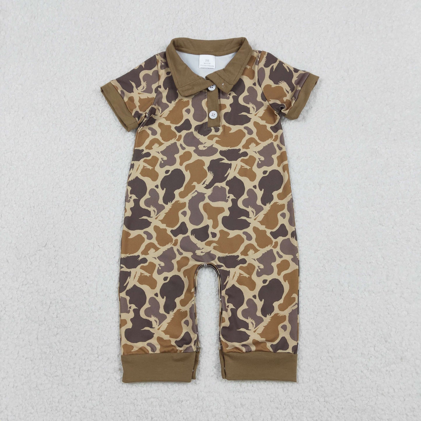 SR3638 Baby Boys Short Sleeve Southern Khaki Camo Button Hunting Rompers