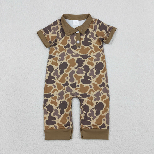 SR3638 Baby Boys Short Sleeve Southern Khaki Camo Button Hunting Rompers