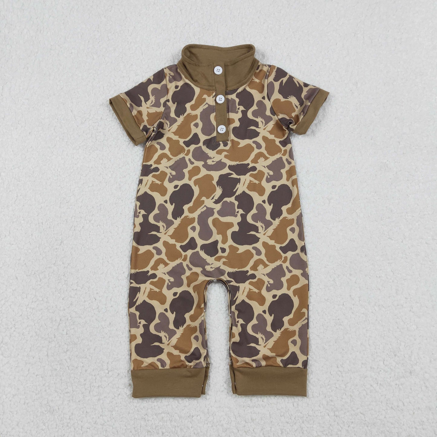 SR3638 Baby Boys Short Sleeve Southern Khaki Camo Button Hunting Rompers